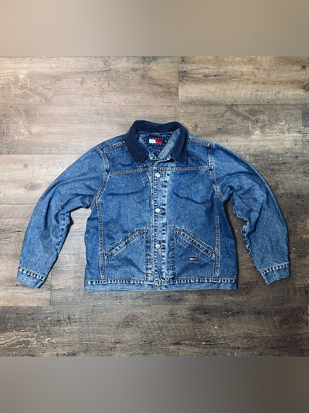 Vintage Tommy Hilfiger Denim Trucker Jacket Mens Medium Collared 90's Blue Cordu